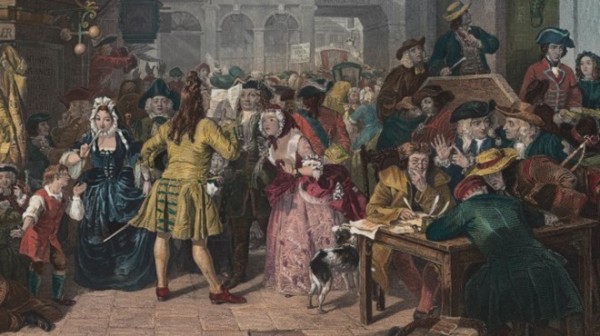 Bức họa mô tả bầu khí sôi động của thị trường chứng khoán thời thế kỷ 18.