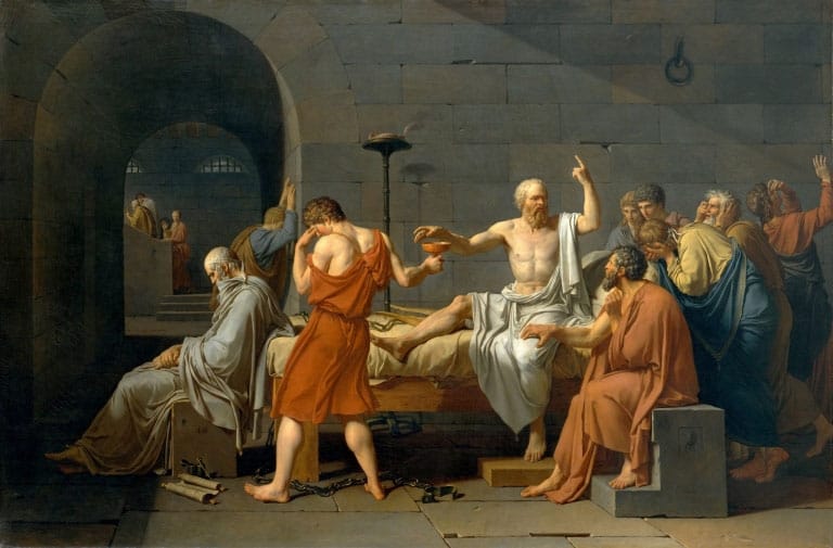 Hình ảnh Socrates tự vẫn bằng ly thuốc độc trước sự tiếc thương của môn đệ.
