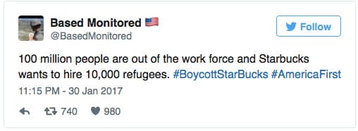 100 triệu người Mỹ đang thất nghiệp và Starbucks lại muốn tuyển thêm 10.000 kẻ tỵ nạn. #TaychayStarbuck #UutiennguoiMy