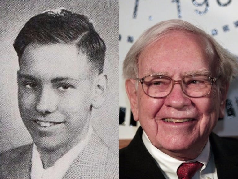 Buffett khi còn trẻ (trái) và Buffett hiện nay (phải)