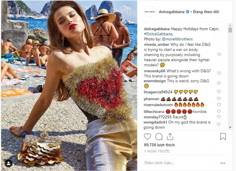 Vô số những bình luận chỉ trích trong bài đăng của Dolce & Gabbana: Sao tôi cảm thấy D&G hình như đang cố gắng gây chiến bằng cách miệt thị ngoại hình khi để người thường đứng cạnh những cô người mẫu siêu gầy của họ vậy nhỉ?/ Có vấn đề gì với D&G vậy. Hãng đang ngày một đi xuống/ Thật tồi tệ/ Kinh khủng/ Phân biệt chủng tộc…