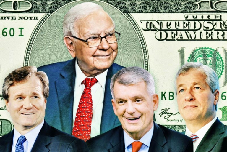 Warren Buffett và ba sếp ngân hàng lớn nước Mỹ: Brian Moynihan, Tim Sloan và Jamie Dimon.