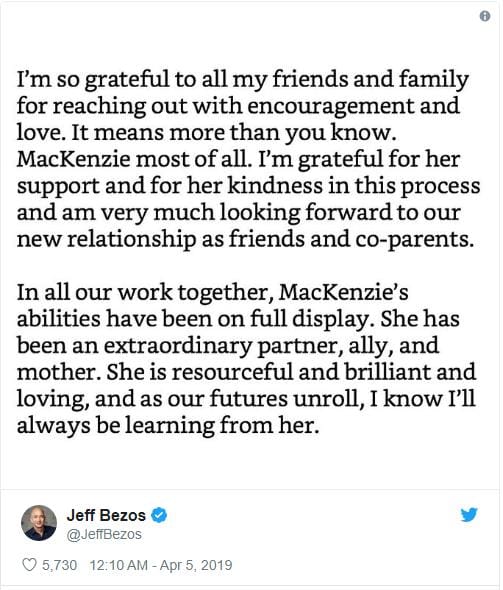 Tỷ phú Jeff Bezos "biết ơn" vợ cũ sau vụ ly hôn đắt giá nhất thế giới: Tôi luôn học hỏi được nhiều điều từ cô ấy, hy vọng chúng tôi vẫn là những người bạn