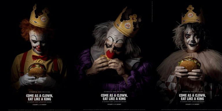 Chương trình khuyến mãi cực đơn giản và đáng sợ: Scary Clown Night. Vào ngày lễ Halloween, Burger Kings trên toàn thế giới sẽ tặng Whoppers miễn phí cho bất cứ ai ăn mặc như một chú hề