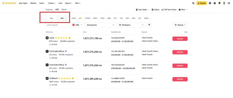 Bán Bitcoin trên Binance P2P