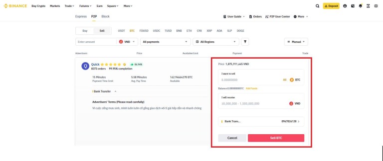Bán Bitcoin trên Binance P2P
