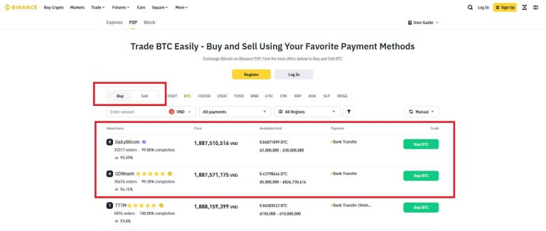 Mua Bitcoin trên Binance P2P