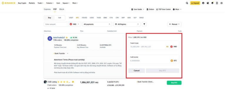Mua Bitcoin trên Binance P2P